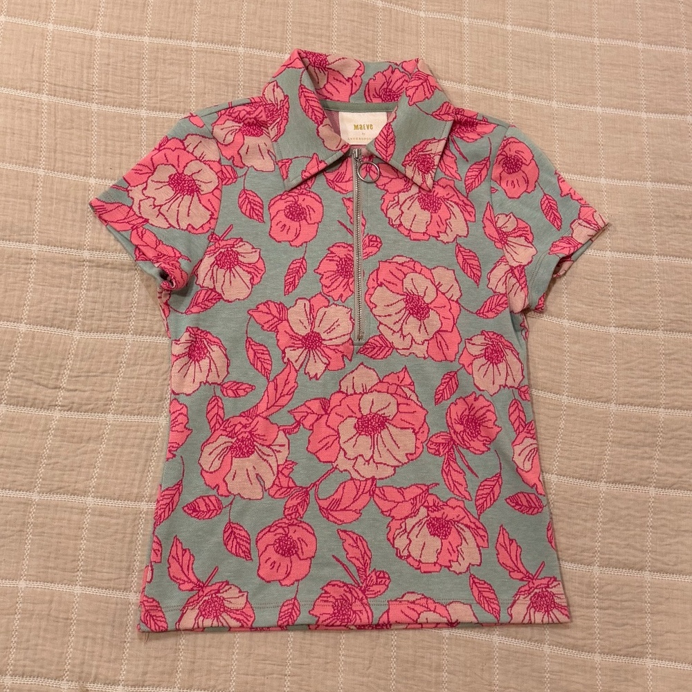 Maeve by Anthropologie Floral Zip-Front Short Sleeve Top – XS
